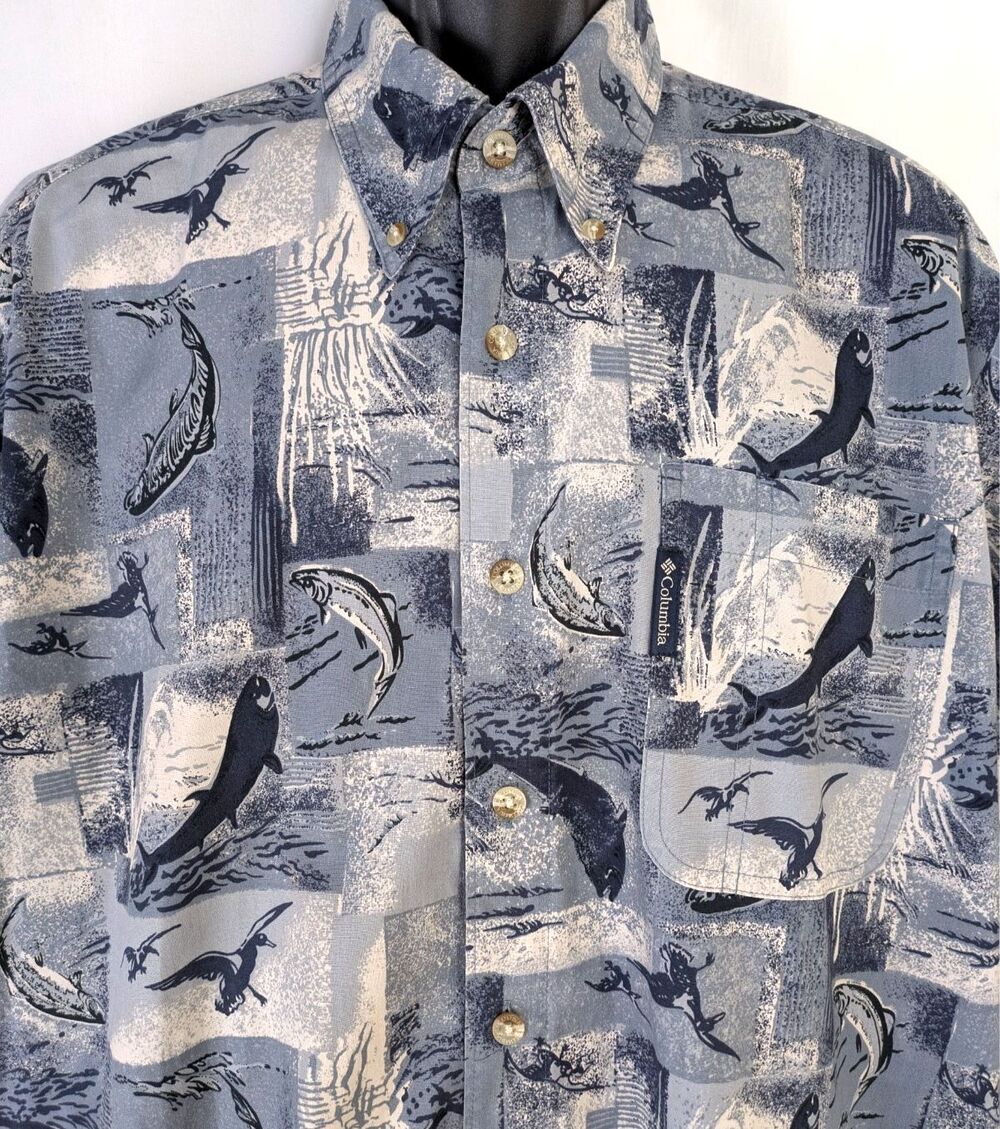 Columbia Men's MED 100% Cotton Button Down Whale Ocean Print Shirt